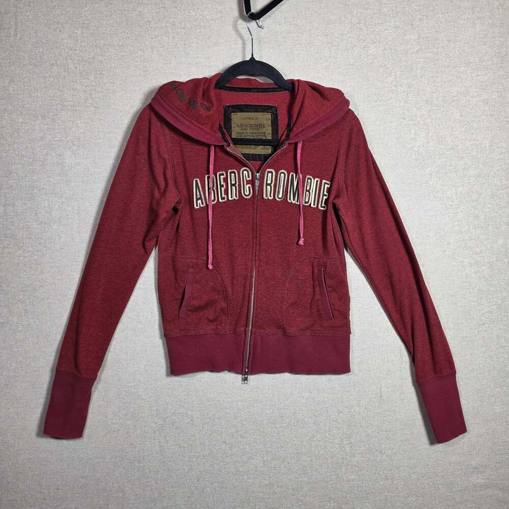 Vtg Y2K Abercrombie & Fitch Womens Medium Red Full Zip Up Embroidered Hoodie